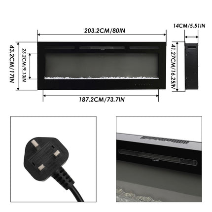 80 Inch Recessed & Wall Mounted Electric Fireplace with Remote