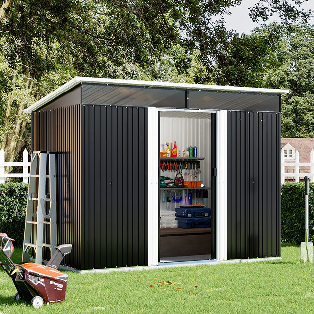 Black Garden Metal Storage Shed with Lockable Sliding Doors