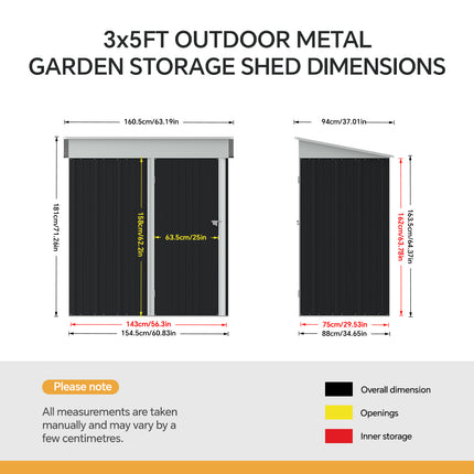 Charcoal Black 3x5ft Outdoor Metal Garden Storage Shed with Shelves