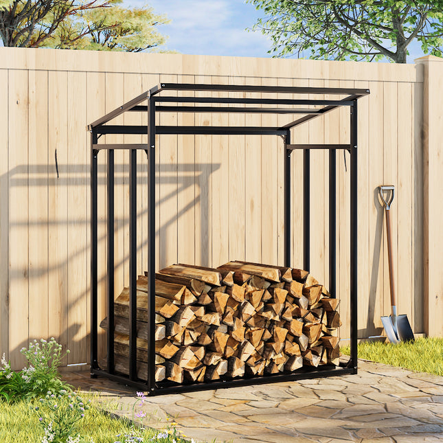 Roofed Garden Metal Tube Firewood Rack Grey 135cm