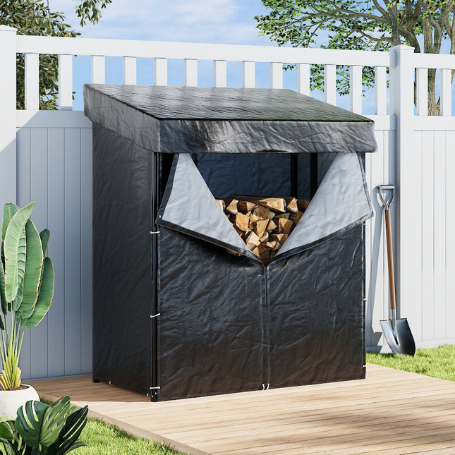 Roofed Garden Metal Tube Firewood Rack Grey 135cm