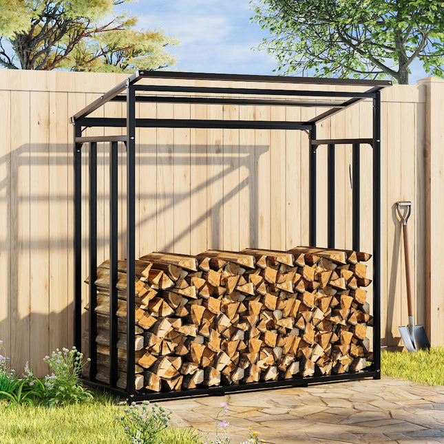 Grey 185cm Garden Metal Tube Firewood Rack with Roof