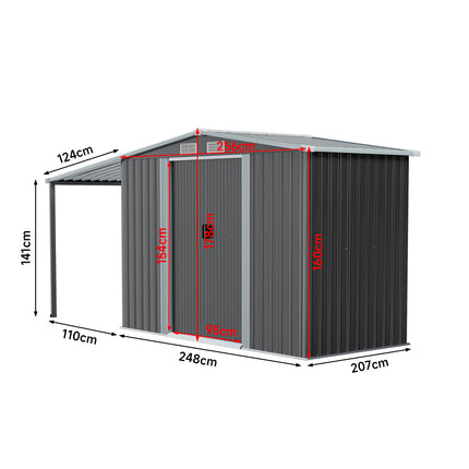 Grey 248cm Outdoor Metal Storage Shed with Pitched Roof