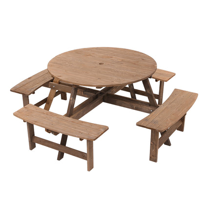 8 Person Round Wood Picnic Table and Bench Set