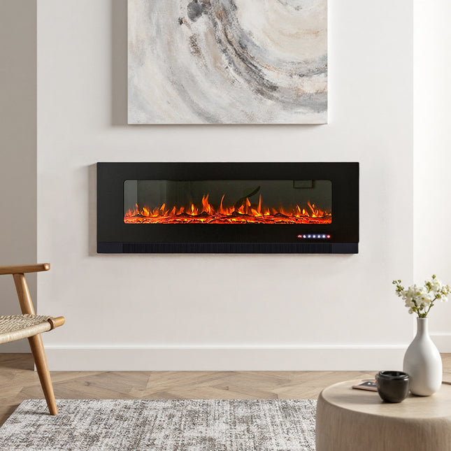 50-inch Grey  LED electric fireplace mounted on the wall with 12 flames
