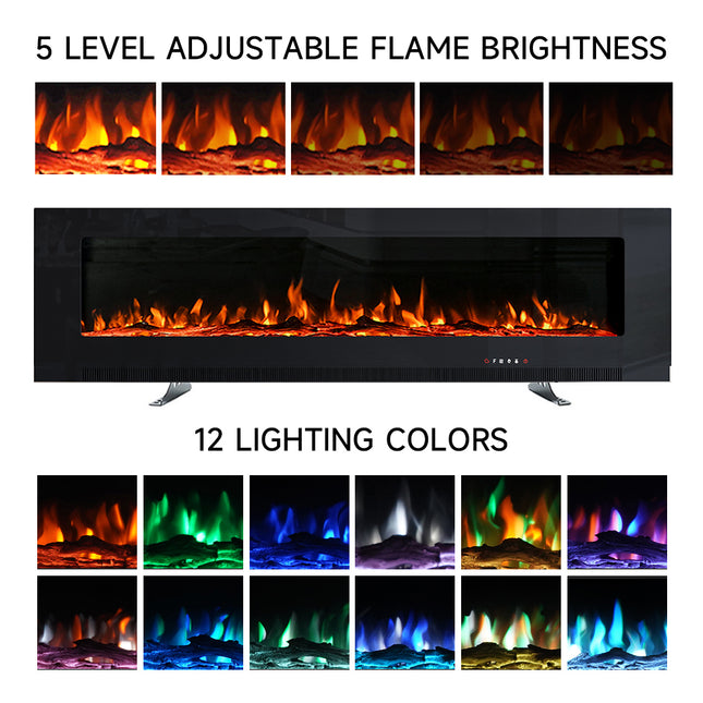 50-inch Grey  LED electric fireplace mounted on the wall with 12 flames