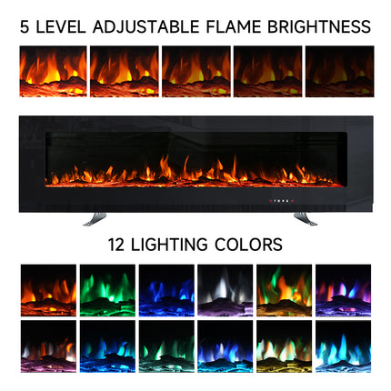 72 Inch Wall Mounted Electric Fireplace with Remote Control & 12 Flame Colors