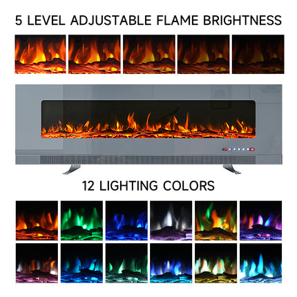 50-inch Grey  LED electric fireplace mounted on the wall with 12 flames