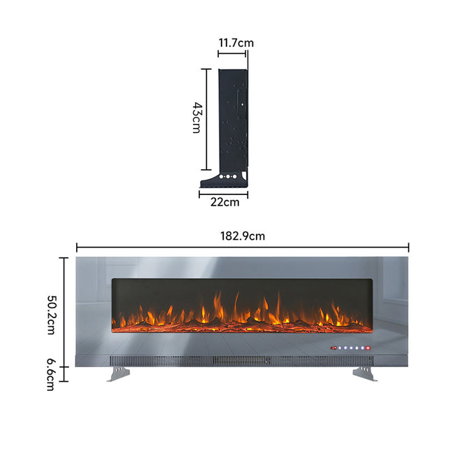 72 Inch LED electric fireplace mounted on the wall with 12 different flame colors