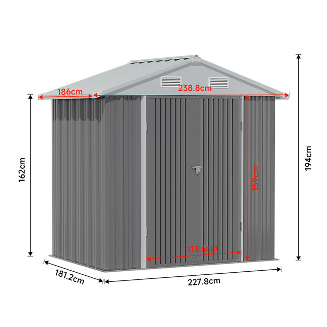 Grey 238.8cm Outdoor Garden Metal Storage Shed with Lockable Door