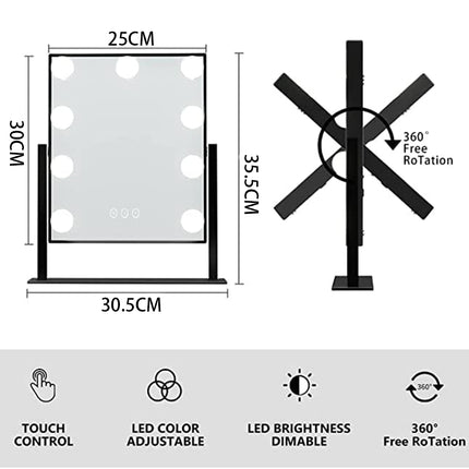 Hollywood Vanity Mirror with 9 LED Bulbs and 3 Colour Modes 30 x 35 cm