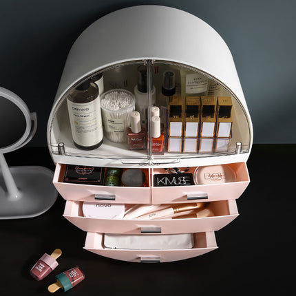 Pink Dustproof Round Cosmetic Storage Box Desktop Organizer