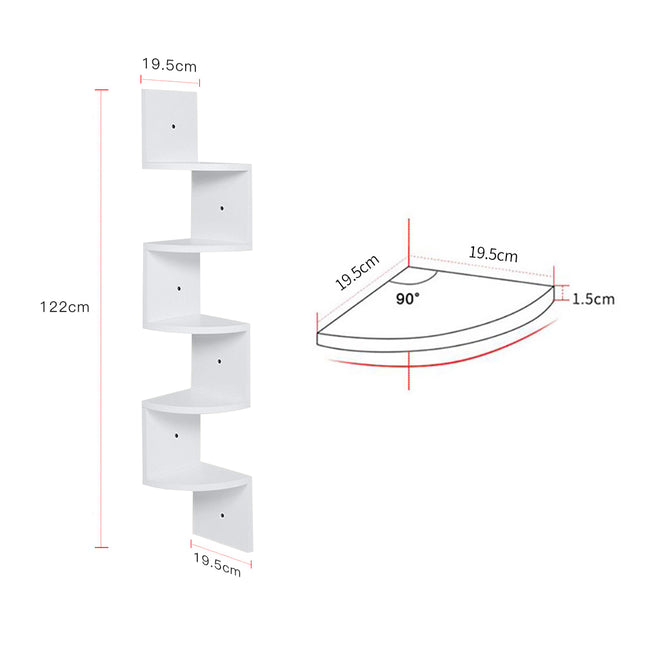 5 Tier White Wooden Zigzag Floating Corner Shelves 122cm High