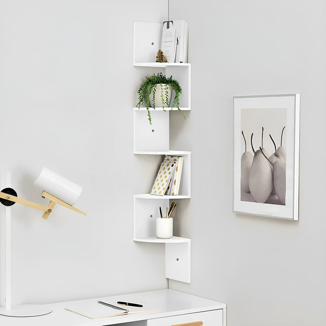 5 Tier White Wooden Zigzag Floating Corner Shelves 122cm High