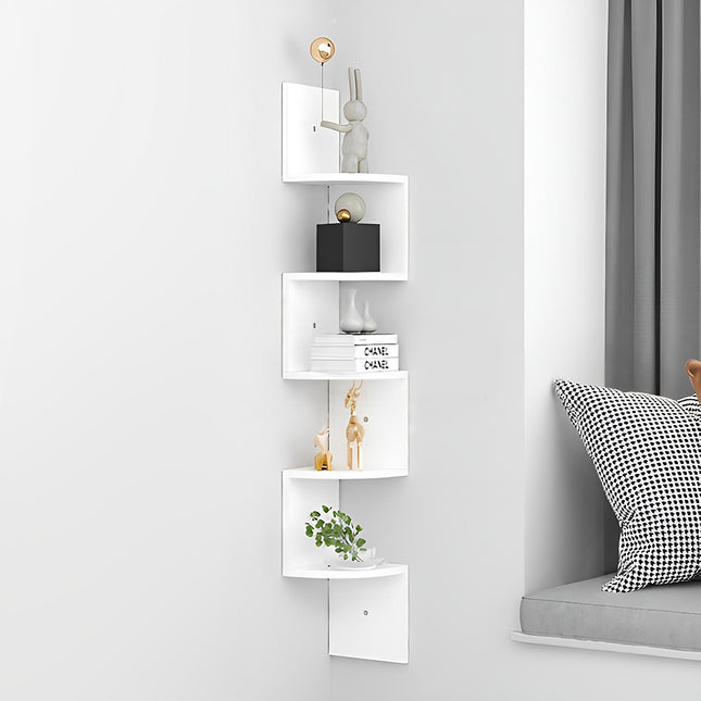 5 Tier White Wooden Zigzag Floating Corner Shelves 122cm High