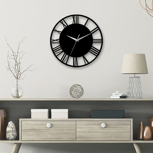 Black and Silver 30CM Large Elegant Roman Numerals Open Round Wall Clock