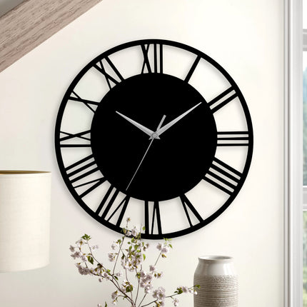 Black and Silver 30CM Large Elegant Roman Numerals Open Round Wall Clock