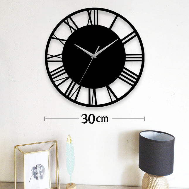 Black and Silver 30CM Large Elegant Roman Numerals Open Round Wall Clock