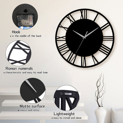 Black and Silver 30CM Large Elegant Roman Numerals Open Round Wall Clock