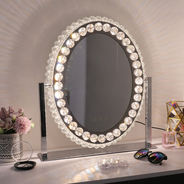 Oval Crystal LED Hollywood Vanity Mirror with Touch Screen 46 x 51 cm