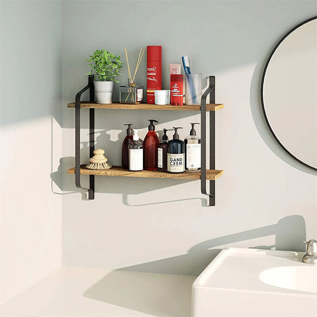 2-Tier Floating Wall Shelf Wooden Bathroom Storage Shelf