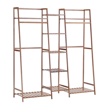 Brown Bamboo Trapezoid Clothing Hanging Rack with Storage Shelves