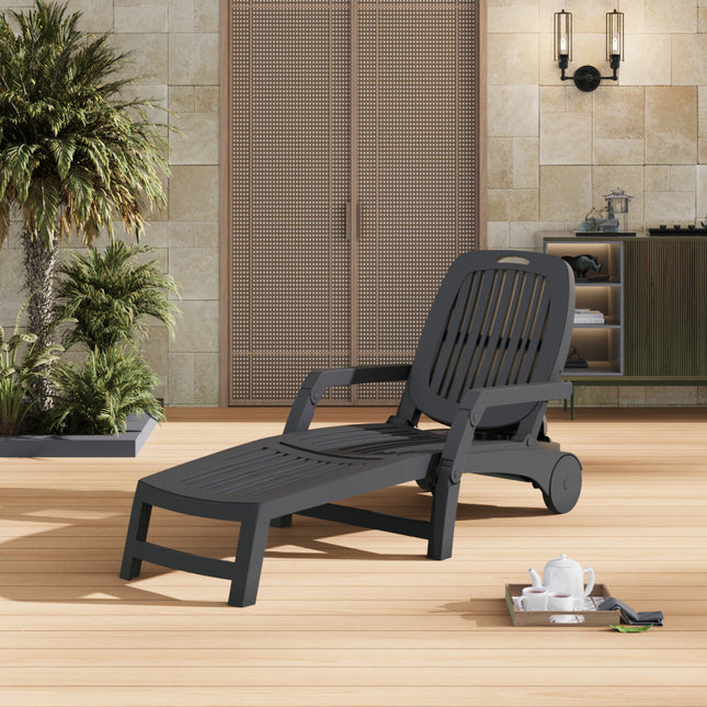 Black and White Outdoor Folding Lounge Chair Recliner with Wheels 193cm L