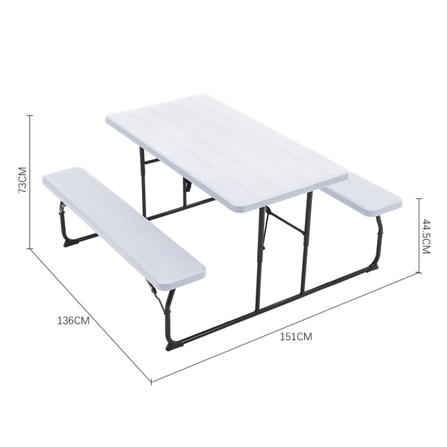 Foldable White Bench and Picnic Table Set