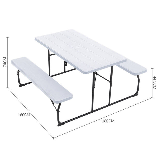 White Foldable Picnic Table and Bench Set with Parasol Hole