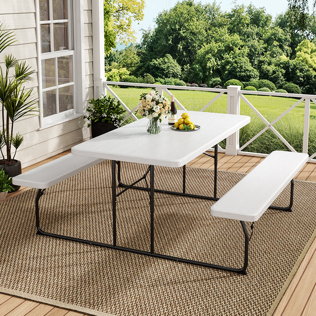 White Foldable Picnic Table and Bench Set with Parasol Hole