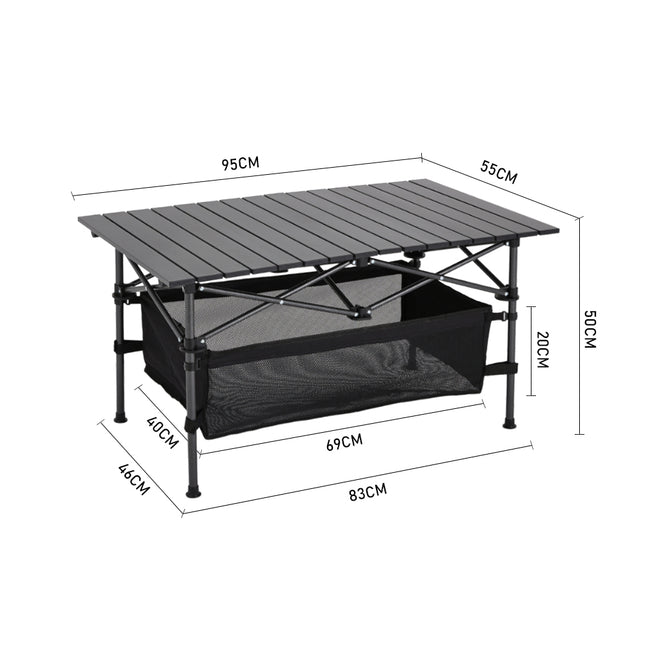 Black Aluminum Roll Top Foldable Camp Table with Mesh Shelf 95x50cm H
