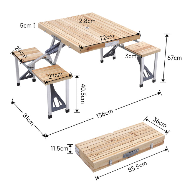 Foldable outdoor wooden table benches with a 4 cm umbrella hole