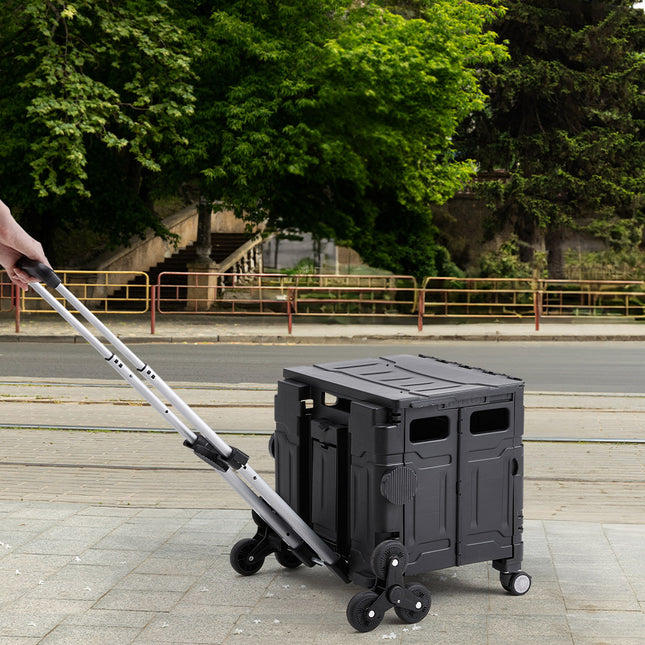 Black 50L Collapsible Rolling Utility Crate Shopping Cart with 8 Wheels