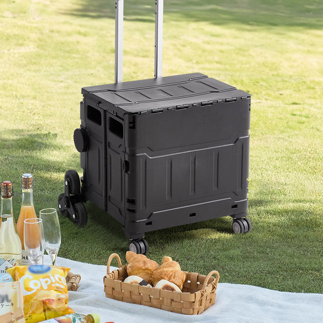 Black 50L Collapsible Rolling Utility Crate Shopping Cart with 8 Wheels