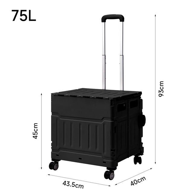 Black 75L Cable Stayed Collapsible Rolling Utility Crate Shopping Cart
