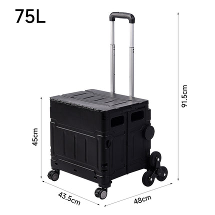 Black 75L Collapsible Rolling Utility Crate Shopping Cart with 8 Wheels