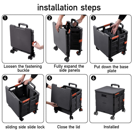 Black 55L Collapsible Rolling Utility Crate with Magnetic Lid and Adjustable Handle