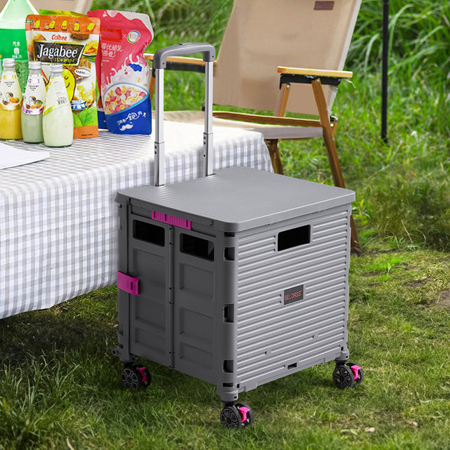 55-liter grey collapsible rolling utility crate with an adjustable handle and a magnetic lid