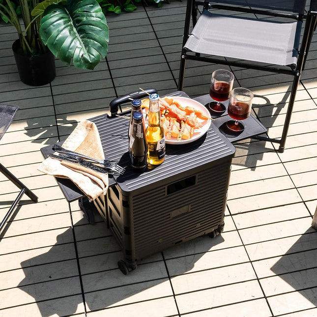 Black 55L Collapsible Rolling Utility Crate with Magnetic Lid and 8 Wheels