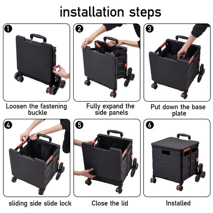 Black 55L Collapsible Rolling Utility Crate with Magnetic Lid and 8 Wheels