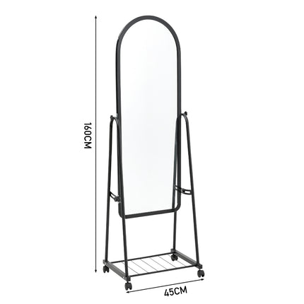 160cm Black Full Length Mirror with Wheels and Bracket