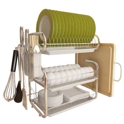 3 Tier Chrome Dish Drying Rack Cutlery Cups Holder with Drip Tray