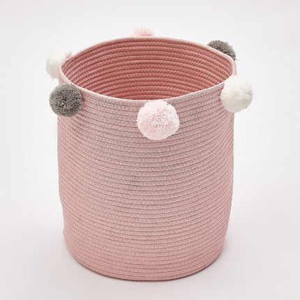 Cotton Rope Basket Woven Laundry Blanket Toy Basket Organizer with Pompom Living Room Pink
