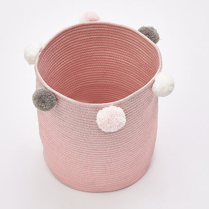 Cotton Rope Basket Woven Laundry Blanket Toy Basket Organizer with Pompom Living Room Pink