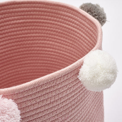 Cotton Rope Basket Woven Laundry Blanket Toy Basket Organizer with Pompom Living Room Pink