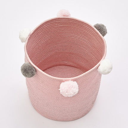 Cotton Rope Basket Woven Laundry Blanket Toy Basket Organizer with Pompom Living Room Pink