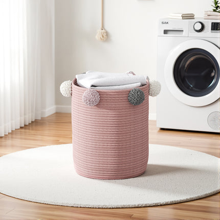 Cotton Rope Basket Woven Laundry Blanket Toy Basket Organizer with Pompom Living Room Pink