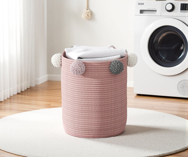 Cotton Rope Basket Woven Laundry Blanket Toy Basket Organizer Pompom Living Room