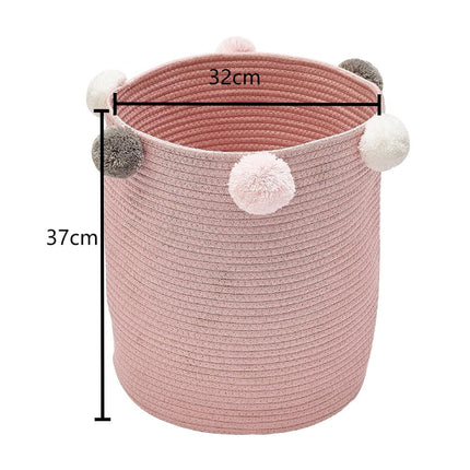 Cotton Rope Basket Woven Laundry Blanket Toy Basket Organizer with Pompom Living Room Pink