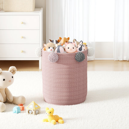 Cotton Rope Basket Woven Laundry Blanket Toy Basket Organizer with Pompom Living Room Pink